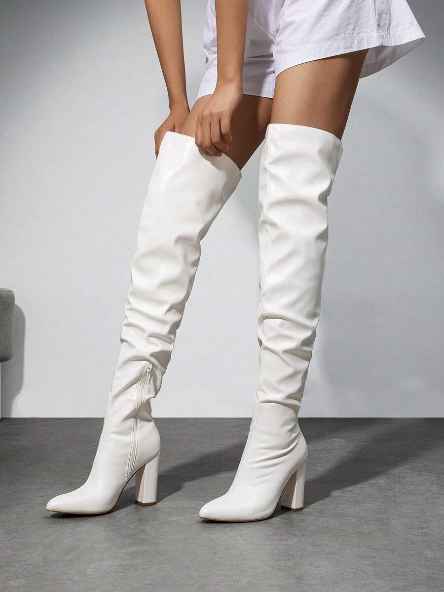 Women's Chunky Heel Pointed Toe Over-Knee-High Boots With Side Zipper Closure And Wrinkled Design For Autumn/Winter, Match Any Wearing And Occasion - trắng - Xem 1