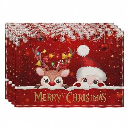 4 件装节日圣诞餐垫，带圣诞老人、驯鹿和灯笼 - 涤纶，长方形节日装饰，适合家庭聚会