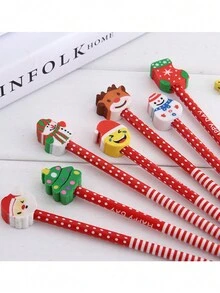 Christmas Decoration 1Set Christmas Pencil Festival Cartoon Eraser Pencil Cute Creative Children's Stationery Elementary School Kindergarten Gift Prize/Some Accessories, Colors, Written Words, Patterns, Shapes Are Random - Multicolor - View 4