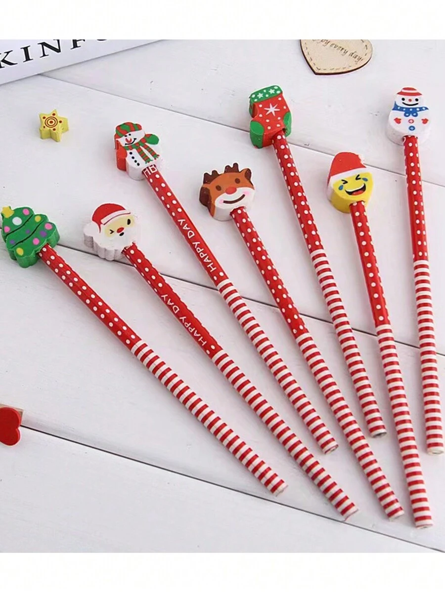 Christmas Decoration 1Set Christmas Pencil Festival Cartoon Eraser Pencil Cute Creative Children's Stationery Elementary School Kindergarten Gift Prize/Some Accessories, Colors, Written Words, Patterns, Shapes Are Random - Multicolor - View 1