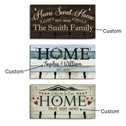 Putuo Decor 1pc Custom Wooden Hanging Sign Key Holder For Wall, Home Sweet Home Est. 2024 The Smith Family, Personalized Wood Hanging Plaque Key Hanger For Home Farmhouse Living Room Lobby Foyer Hallway, Gift