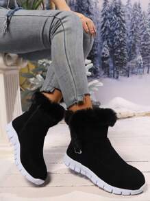 厚底短款雪地靴，厚底平底短筒冬季保暖内衬女鞋 - 黑色 - 查看 5