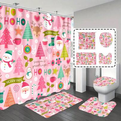 1pc/4pcs Bathroom Set, Shower Curtain Set, Pink Background With Santa Claus And Christmas Tree Pattern, Modern Luxury Style Bathroom Decor Set, New Year And Christmas Theme Decoration Fall Decor Bathroom Accessories Back To School
