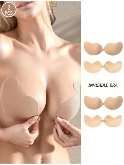 2-Pcs Seamless Invisible Silicone Bra - Natural Touch Push-Up Adhesive - Secure Fit Buckle Design - Women's Lingerie And Lingerie Accessories - Suitable For All Occasions