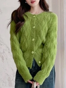 Fluffy Designed Texture Effect Round Neck Cardigan