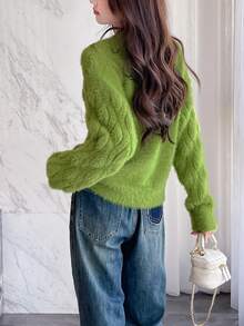 Fluffy Designed Texture Effect Round Neck Cardigan