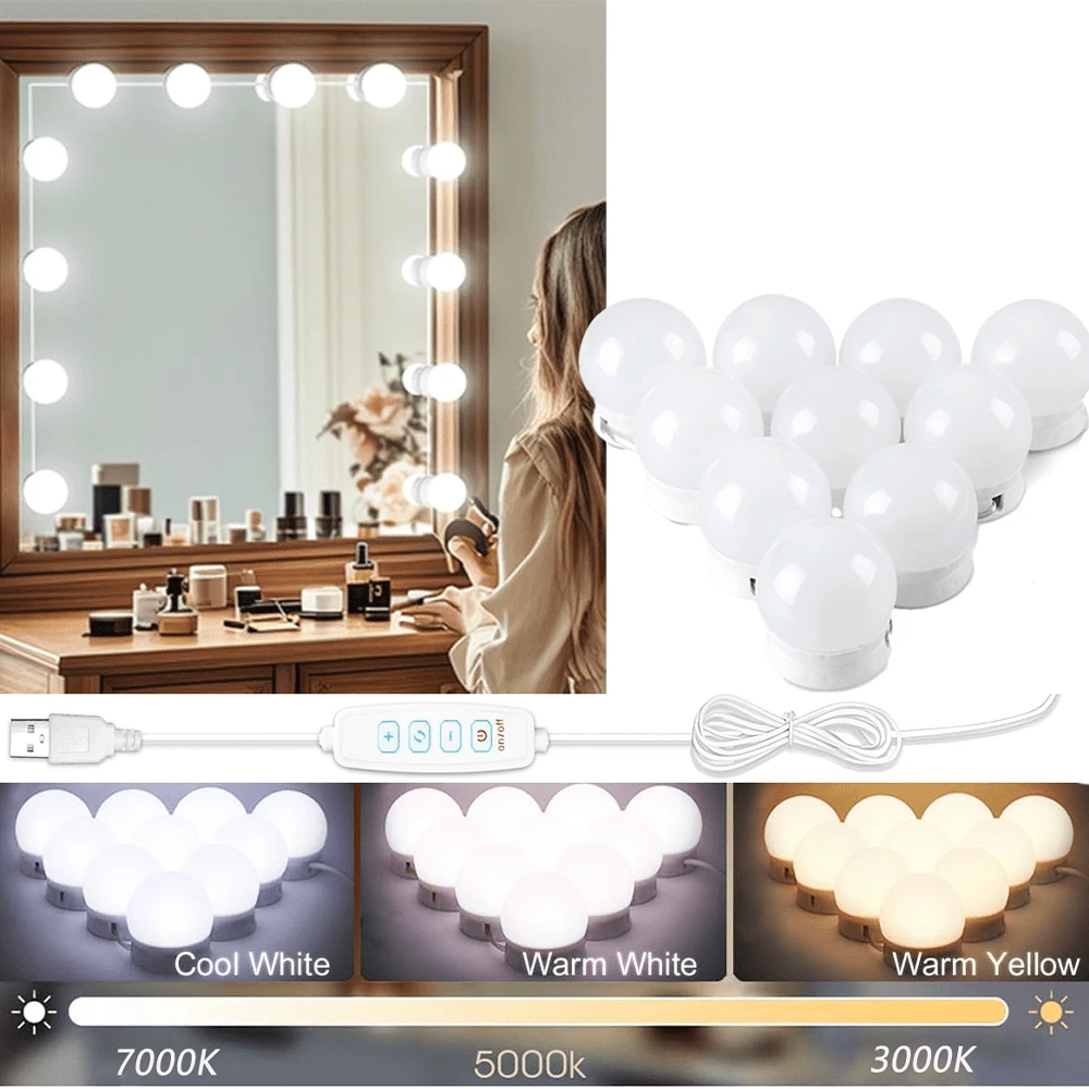 14pcs LED Makeup Mirror Decorative Lights For Makeup Mirror Dimmable Bulbs 10-Level Adjustable Brightness And 3 Color Modes, USB Cable, (Mirror Not Included) Suitable For Live Streaming, Video Recording, Makeup, Room Ambience Decorative Lights