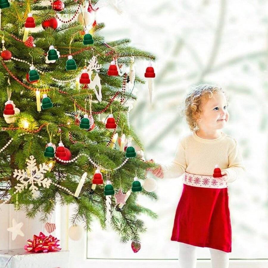 5 件迷你圣诞针织帽，包括圣诞老人娃娃帽、迷你酒瓶帽、手指钩针帽、迷你圣诞帽、圣诞树帽，用于 DIY 圣诞装饰 - 彩色 - 查看 1