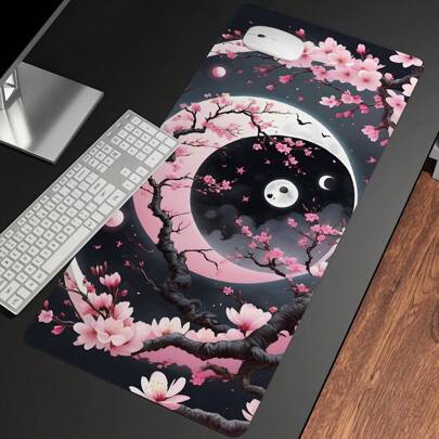 Pink Cherry Blossoms And Full Moon Mouse Pad Abstract Mouse Pad Stars Moon And Sky Non-Slip Rubber Base Large Mousepad Stitched Edges Keyboard Mouse Mat Desk Pad For Office And Home