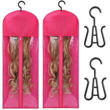 接发架假发收纳袋可容纳多个假发，带衣架假发架防尘接发收纳带钩接发、假发及配件（热粉色） - 玫瑰紅 - 查看 8