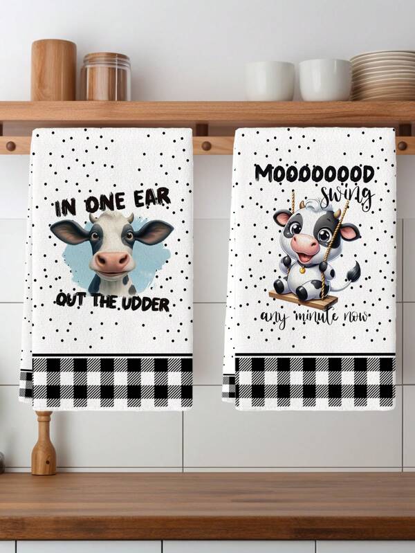2 Packs Contemporary Microfiber Dish Towels - Cartoon Cow Farm Theme - Absorbent And Fade Resistant Knit Fabric Hand Towels For Kitchen, Cooking, Baking, Housewarming Gifts - Machine Washable Oblong Tea Towels