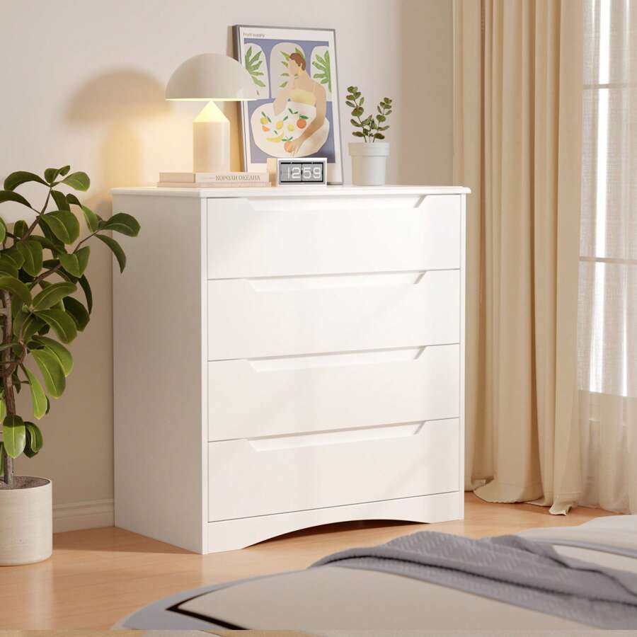 4 Drawer Dresser, White Chest Of Drawers With Large Storage Capacity, Bedroom Dressers And Organizer With Embedded Handles And Sturdy Anti-Tripping Device For Office, Living Room, Hallway, Home Decor, Valentine's Day Ideas - trắng - Xem 1
