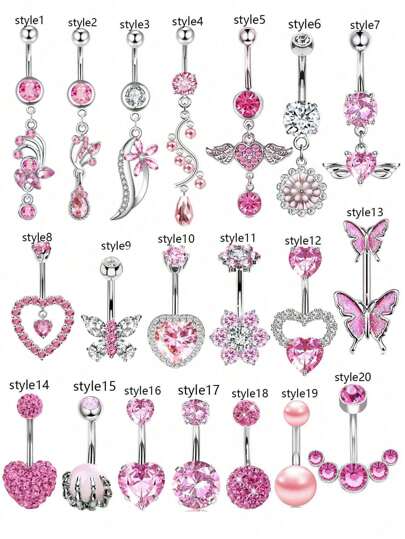 1 件 14G 肚脐环吊坠可爱粉色肚脐首饰心形透明 CZ 蝴蝶肚脐环女士肚脐穿孔棒套装情人节、妈妈、母亲、母亲节、礼物