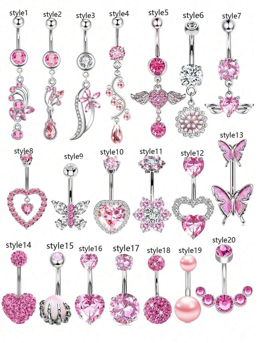 1 件 14G 肚脐环吊坠可爱粉色肚脐首饰心形透明 CZ 蝴蝶肚脐环女士肚脐穿孔棒套装情人节、妈妈、母亲、母亲节、礼物