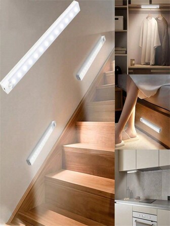 1pc10CM/20CM/30CM/50CM LED 智能人体运动传感器长条夜灯橱柜灯，USB 充电暖白/白色橱柜照明灯带，磁性贴片易于安装，感应灯，包括锂电池供电灯、衣柜、壁橱、橱柜、楼梯