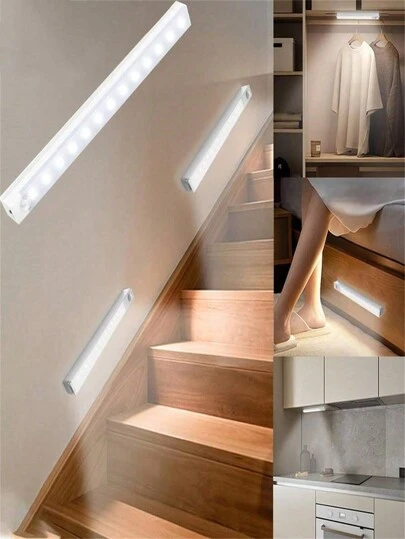 1条10厘米/20厘米/30厘米/50厘米LED智能人体感应灯带，USB可充电暖白光/白光橱柜照明，磁吸式安装，感应灯，锂电池供电，适用于衣柜、壁橱、橱柜、楼梯等。