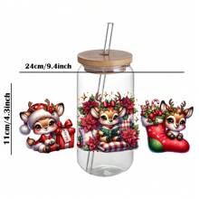Set Of 4 Christmas Reindeer UV DTF Self-Adhesive Plastic Cup Stickers, Waterproof Scratch-Resistant 3D Crystal Stickers, Suitable For Water Cups And Bottles - High Quality Stickers (4.3 Inches X 9.4 Inches) - Multicolor - View 2