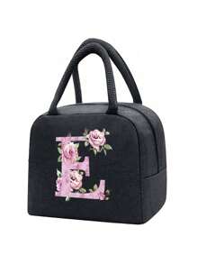 Isolierte Lunch Tasche, Kühltasche, Lunchbox, Kältepack, Blumen- und Buchstaben A-Z Muster Leinwand leichte tragbare Lunch Organizer Tasche, geeignet für Schule, Klassenzimmer, Uni, Büro, Camping und Picknick, Schulmaterial, Küchenorganisation, Küchen-Essentials, Lunchbox, Lunch Tasche, Damen Lehrer Picknick Tasche, Reise Kühltasche, Klassenzimmer Kühltasche, Damen Picknick Tasche - Schwarz - Übersicht 26
