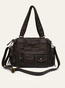 STEPHIECATHY 纯色水洗柔软PU仿皮，拉链封口，多口袋设计，双短肩带，可调节腰带，男女通用，复古休闲实用，适合日常大学生活、旅行、户外活动。新款女士手提包，送给女士的绝佳礼物。 - 咖啡棕 - 查看 4