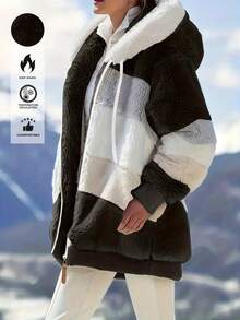 女款毛绒拼色连帽超大夹克，秋冬款 - 黑色 - 查看 3