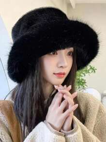 Women's Thickened Warm Fashion Simple Bucket Hat, Faux Mink Fur Mongolian Hat, Comfortable Sun Protection, Suitable For Winter Outfits - Multicolor - View 14
