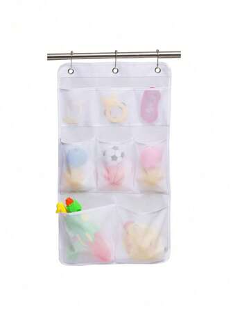 1pc Shower Storage Bag, Hanging Mesh Storage Bag, Bathroom Washable Cosmetics Storage Bag, 6 Pockets White Hanging Storage Bag, With Four Ball Hooks, Bathroom Accessories