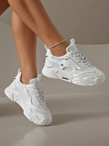 2024 New Women's Thick Sole Chunky Sneakers, White, Mesh & Patchwork, Casual Shoes For All Seasons, Height Increasing - White - View 5