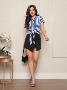 DUNA STRIPED SHORT SLEEVE SHIRT WITH BUTTON AND TIES IN THE FRONT - 寶藍色 - 查看 4