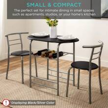 3-Piece Wooden Round Table & Chair Set For Kitchen, Dining Room, Compact Space W/Steel Frame, Built-In Wine Rack