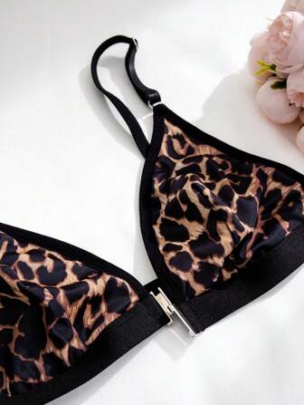 3 pezzi Set di reggiseni senza ferretto con chiusura anteriore, top con stampa leopardata per donna