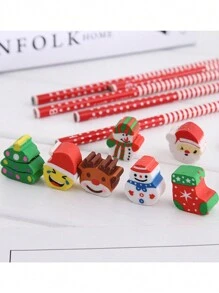 Christmas Decoration 1Set Christmas Pencil Festival Cartoon Eraser Pencil Cute Creative Children's Stationery Elementary School Kindergarten Gift Prize/Some Accessories, Colors, Written Words, Patterns, Shapes Are Random - Multicolor - View 2