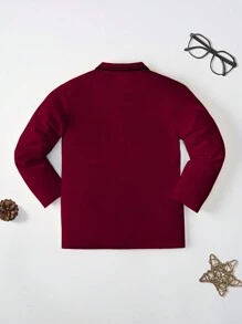 男童酒紅色長袖 Polo 衫，騎士刺繡與條紋領口學院風上衣，適合返校季、日常穿著，秋冬款 - 酒紅色 - 查看 2