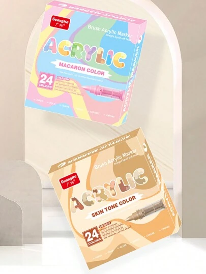 GuangNa 丙烯画马克笔，24 种肤色和 24 种马卡龙色，24 支笔尖直液体软头丙烯马克笔，不透水彩色分层艺术画笔，1-5 毫米画笔宽度，满足专业人物手绘设计的需求，适用于纸板、陶瓷、玻璃、塑料、金属、木材和其他表面，覆盖力强，颜色可堆叠，学校和艺术用品