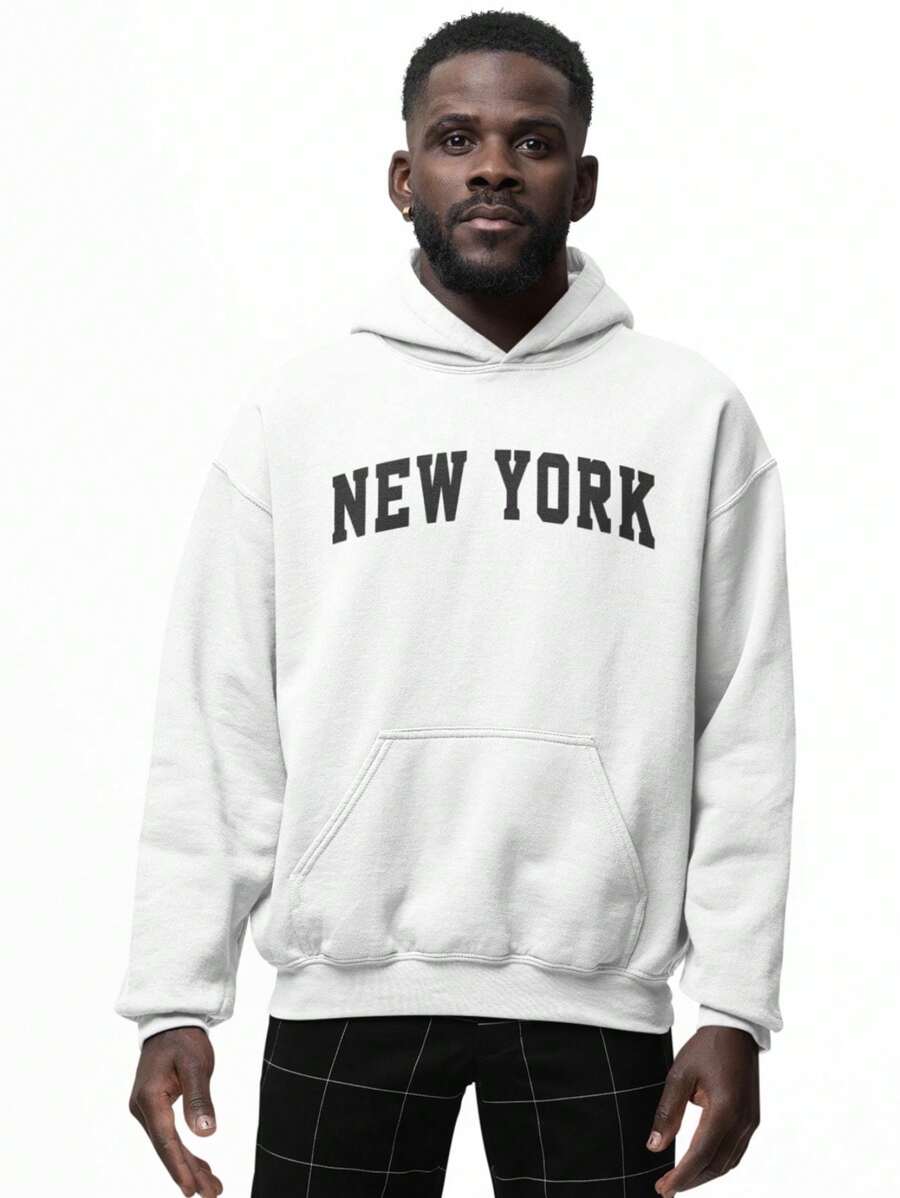 Men's New York Flannel Kangaroo Sweatshirt With Hood And Pocket Unisex Plush Cold Weather Top - trắng - Xem 1