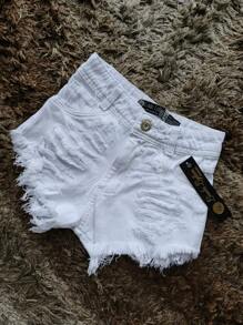 Women's High-Waisted White Ripped Denim Shorts - 白色 - 查看 1