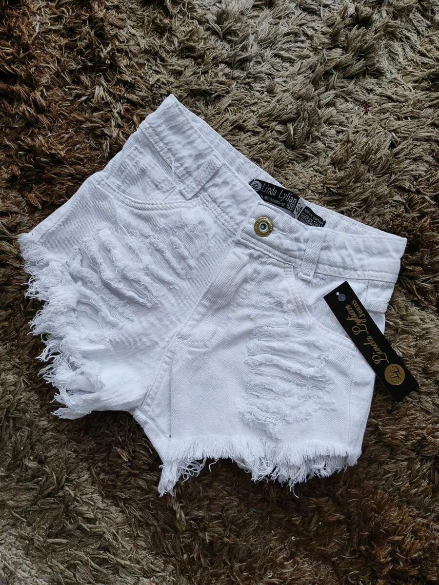 Women's High-Waisted White Ripped Denim Shorts - 白色 - 查看 1