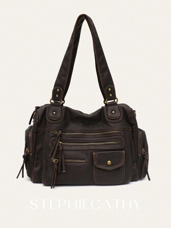 STEPHIECATHY Solid Color Washed Soft PU Faux Leather, Zipper Closure, Multi-Pocket Design, Dual Short Shoulder Straps, Adjustable Waist Belt, Unisex, Retro Casual Practical, Suitable For Daily University Life, Travel, Outdoor Activities. New Women's Handbag, Great Gift For Ladies.