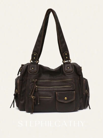 STEPHIECATHY Enfärgat, tvättat mjukt PU-konstläder, dragkedja, design med flera fickor, dubbla korta axelremmar, justerbart midjebälte, unisex, retro casual, praktisk, lämplig för vardagsliv, universitetsliv, resor, utomhusaktiviteter. Ny damhandväska, utmärkt present till damer.