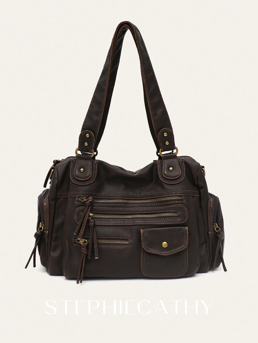 STEPHIECATHY 纯色水洗柔软PU仿皮，拉链封口，多口袋设计，双短肩带，可调节腰带，男女通用，复古休闲实用，适合日常大学生活、旅行、户外活动。新款女士手提包，送给女士的绝佳礼物。 - 咖啡棕 - 查看 1