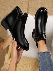 European And American Style Soft Leather Ankle Boots Women 2024 New 3cm Thick Heel Short Boots Casual Mid-Heel British Style Boots