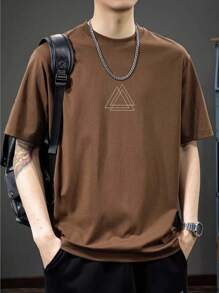 Men's T-Shirt 100% Cotton Round Neck New Arrival Triangular Print - 鏽棕色 - 查看 1