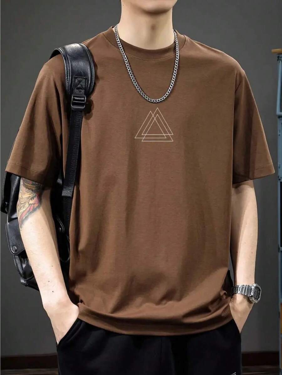 Men's T-Shirt 100% Cotton Round Neck New Arrival Triangular Print - 鏽棕色 - 查看 1