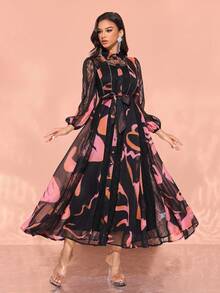 Women's Elegant Random Lace Print 2 Pieces Dress Set - Black - View 4