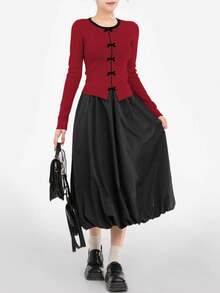 3D Bow Decor Contrast Color Classy Flattering Slim Fit Sweater For Women, Autumn, For Daily, Dating,Commuting, Christmas, Long Sleeve Tops - Red - View 5