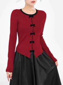 3D Bow Decor Contrast Color Classy Flattering Slim Fit Sweater For Women, Autumn, For Daily, Dating,Commuting, Christmas, Long Sleeve Tops - Red - View 1