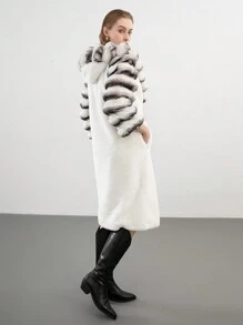 Women's Striped Fluffy Warm Coat, Black And White Contrast Color Outerwear - Beige - View 6
