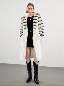 Women's Striped Fluffy Warm Coat, Black And White Contrast Color Outerwear - Beige - View 5