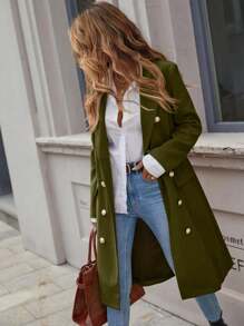 Women's Fashion Metal Button Decor Lapel Mid-Length Overcoat, Autumn/Winter