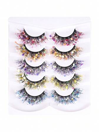 5 Pairs Of Outfit Glitter Lashes Essential For Music Festival Mother's Day Cat Eye Lashes Manga Lashes Anime Lashes Halloween Christmas Glitter Lashes Suitable For Stage Lashes Party Date Lashes Glitter Lashes In The Dark Holiday Party False Lashes