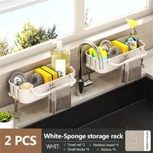 2 Pcs Sponge Holder For Kitchen Sink, Kitchen Sink Caddy, Sponge Holder With Hooks, Dish Sponge Organizer With Divider, Dish Soap Dispenser Brush Holder Storage, White Gray - Nhiều màu - Xem 12